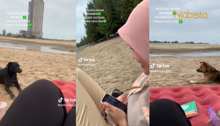 Syok ‘Healing’ Tepi Pantai, Dua Gadis Ini Di Temani Anjing Sebagai Tetamu ‘Istimewa’