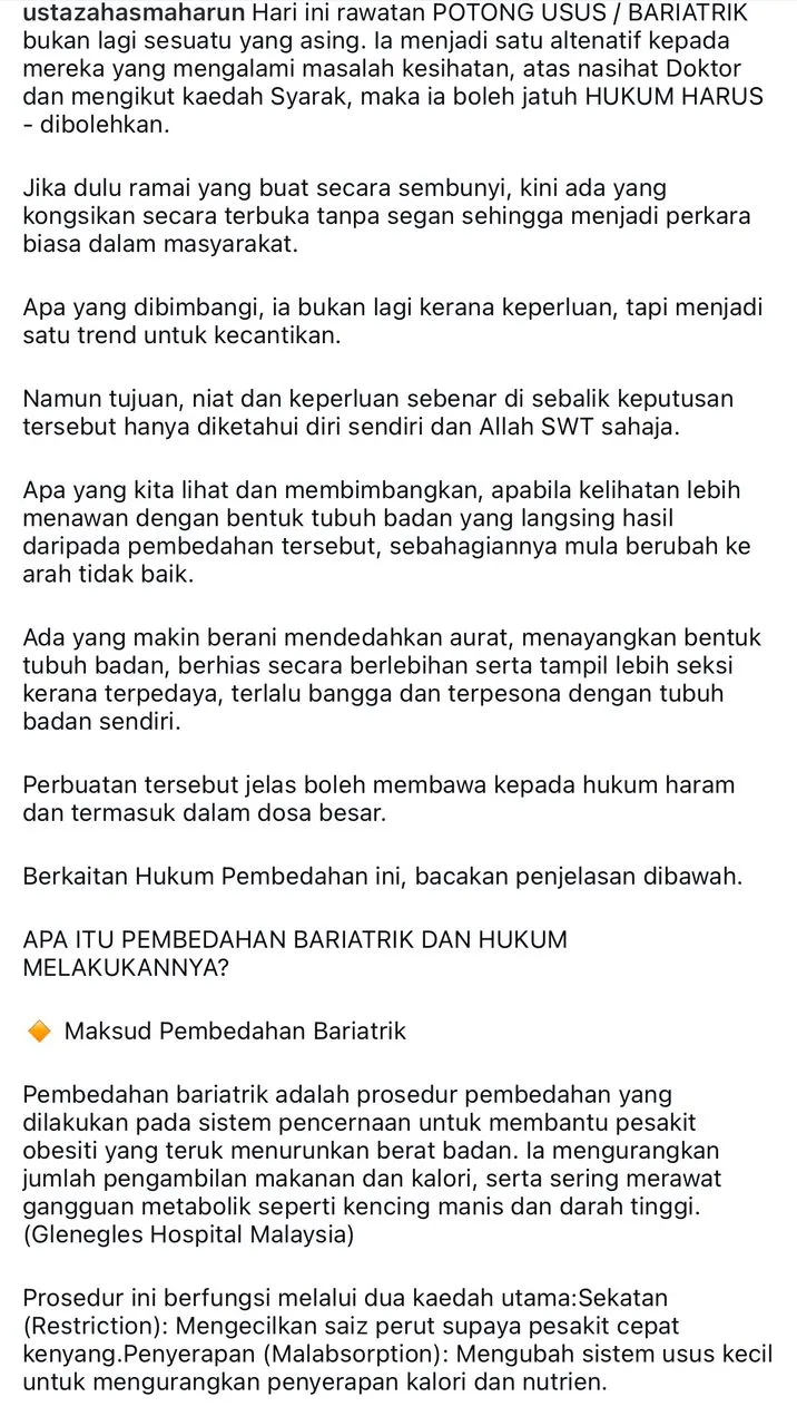Bariatrik Bukan Sekadar Mahu Langsing, Ustazah Asma’ Harun Jelaskan Hukumnya Dalam Islam 5 Bariatrik Bukan Sekadar Mahu Langsing, Ustazah Asma’ Harun Jelaskan Hukumnya Dalam Islam