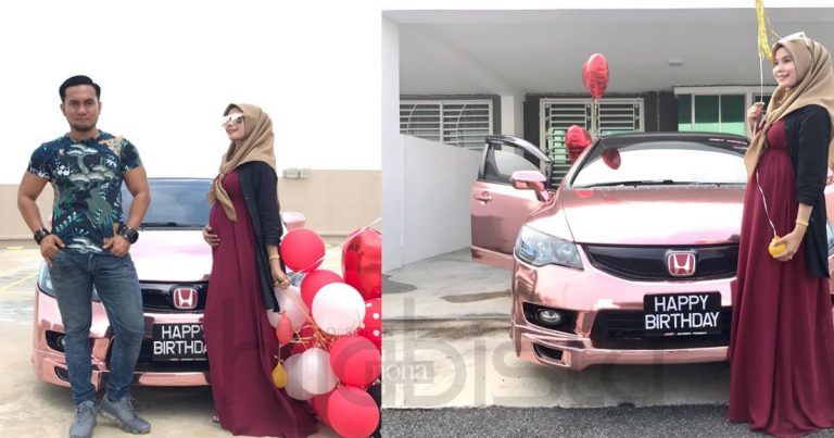 Untungnya Wanita Ini Sedang Sarat Mengandung, Dapat Pulak Hadiah Kereta Warna ‘Pink’ Sempena Hari Jadinya