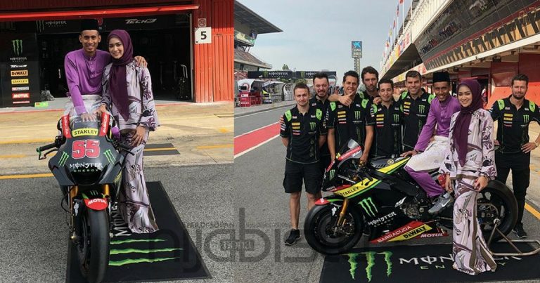 Netizen Puji Pelumba MotoGP Hafizh Syahrin & Isteri Lengkap Berbaju Melayu Sambut Syawal Di Litar. Wow!